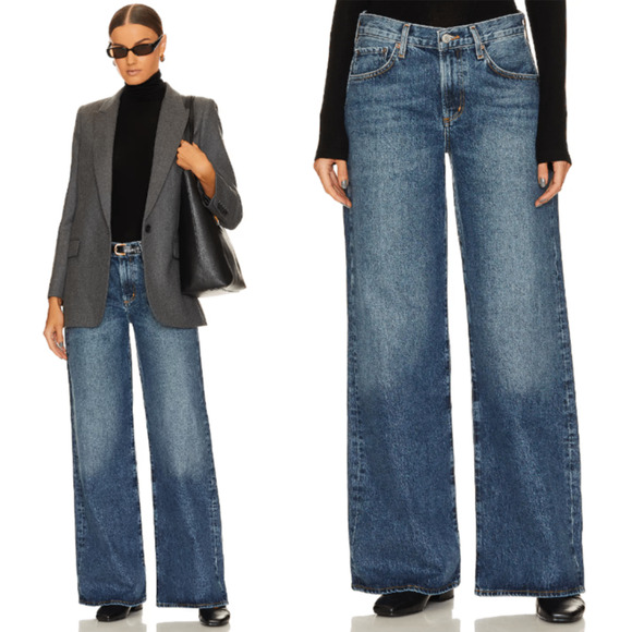 Agolde Clara Jeans Noise 28 Baggy Mid-Rise Flared Wide Leg Organic Jeans Blue - Picture 2 of 11